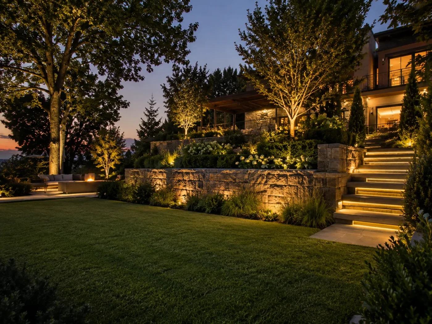 Jardin paysager de nuit avec éclairage des arbres, des massifs et des marches