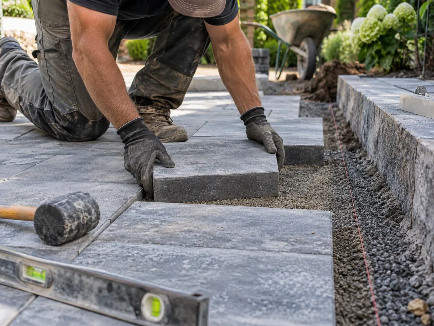 Pose de grandes dalles minérales pour une terrasse ou une allée de jardin