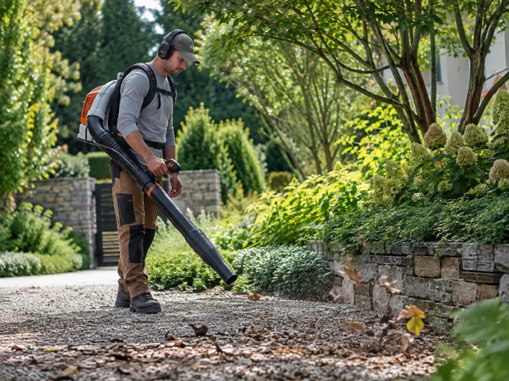 Paysagiste utilisant un souffleur pour nettoyer une allée de jardin
