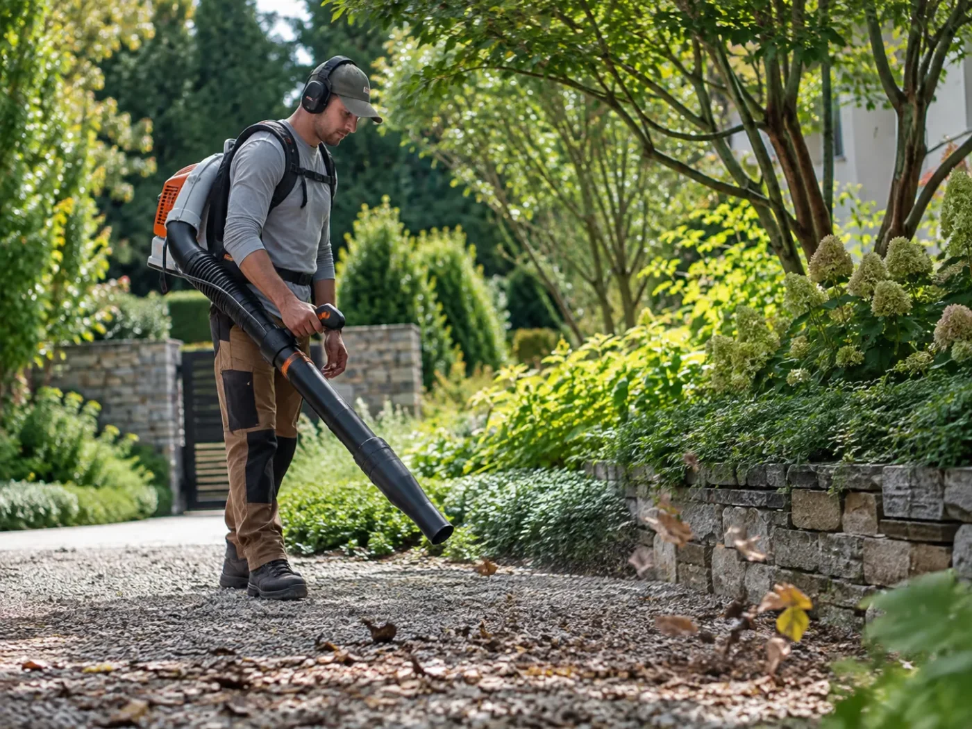 Paysagiste utilisant un souffleur pour nettoyer une allée de jardin
